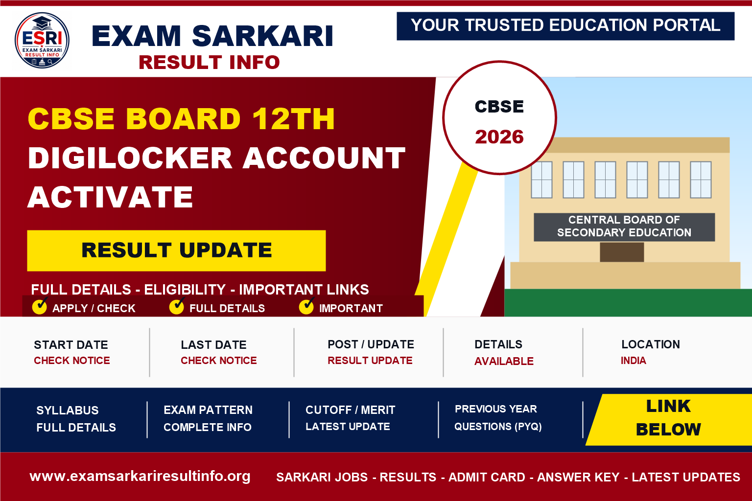CBSE Board 12th Digilocker Account Activate 2026 | Check Class 12th Result | examsarkariresultinfo.org post details image